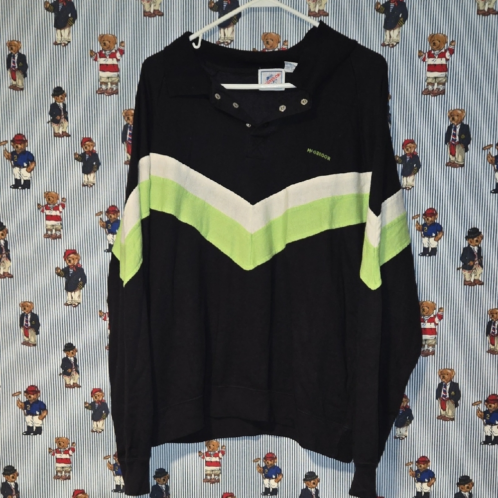 VTG MCGREGOR POLO SWEATSHIRT 100% ACRYLIC BLACK, WHITE & CHARTREUSE XL